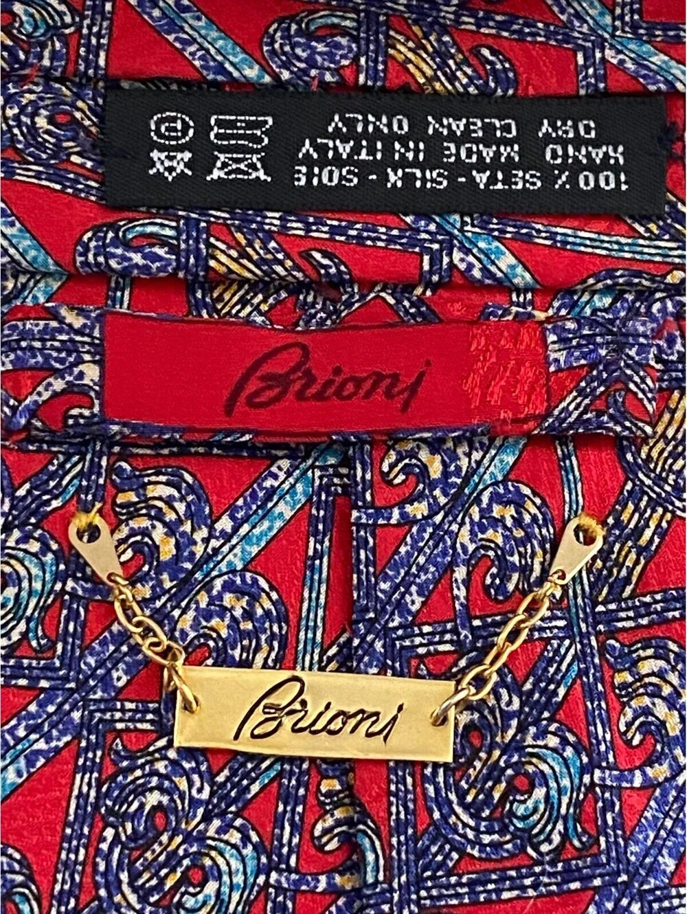 Brioni Mens Red Blue Fence Pattern Silk Tie Necktie Made in Italy Gold Chain